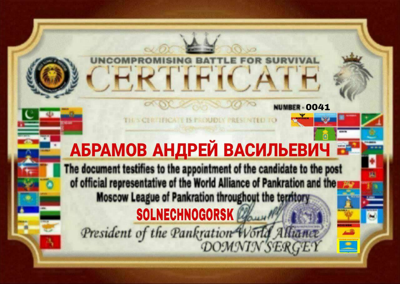 Certificate — Uncompromising Battle for Survival, Solnechnogorsk, № 0041